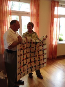 Presentation of a handmade quilt from Deena and me to Barbl Hilger during our visit to Pfaffenweiler